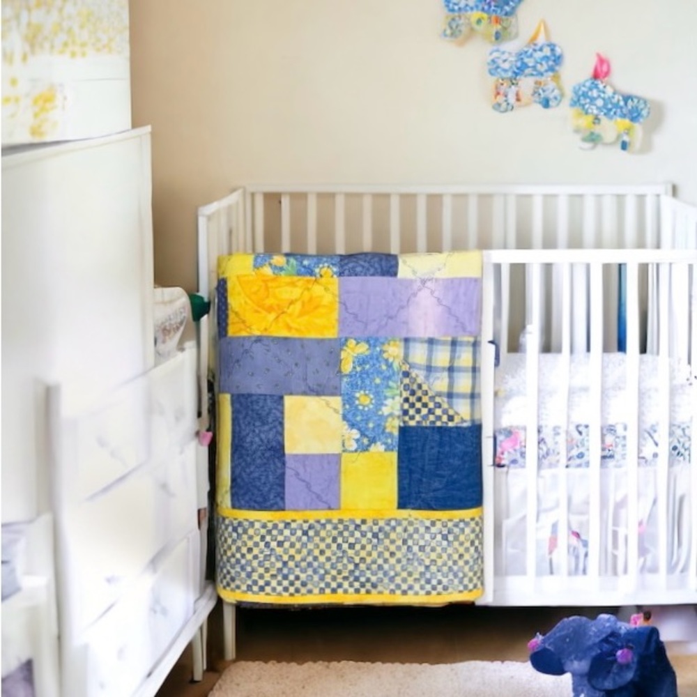 Y2K Handmade Twin Patchwork Quilt in Blues & Yellows